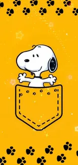 Cute cartoon character in pocket on yellow wallpaper.