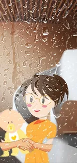 Cartoon mother holding baby with rain-dotted window effect.