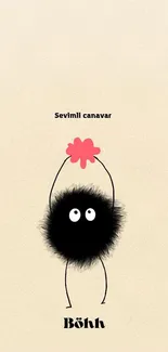 Cute cartoon monster holding a pink flower on beige background.