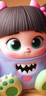 Adorable cartoon monster with pink bows and large green eyes in a colorful outfit.