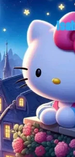 Cute cartoon character on moonlit night rooftop.