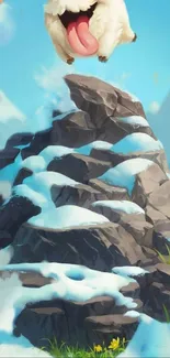 Cartoon creature atop snowy mountain with bright sky.