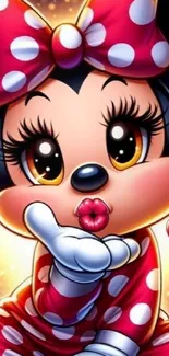 Adorable cartoon mouse with red bow and polka dots blowing a kiss.