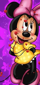 Cartoon mouse with purple floral backdrop.