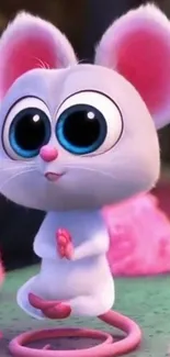 Cute cartoon mouse with big eyes and pink ears in animated style.