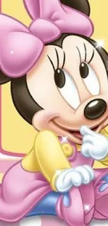 Cute cartoon mouse with pink bow on pastel background wallpaper.