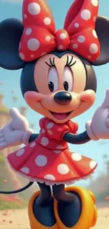 Cheerful cartoon mouse in a polka dot dress