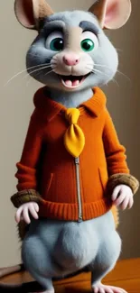 Cute cartoon mouse in orange sweater with yellow scarf on mobile wallpaper.