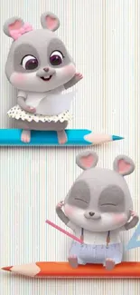 Cute cartoon mice on colored pencils wallpaper.