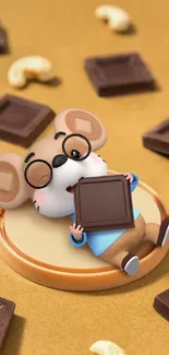 Cute cartoon mouse on a lid enjoying chocolate with candies around on a light brown background.