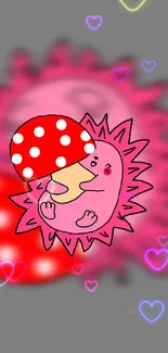 Cute pink cartoon mushroom with hearts wallpaper.