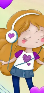 Cartoon girl with headphones and hearts wallpaper.