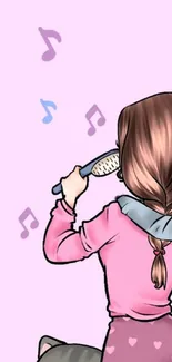 Cartoon girl singing with music notes on a pastel pink background wallpaper.