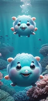 Two cute cartoon creatures in vibrant underwater ocean scene.