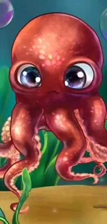 Cute cartoon octopus in underwater setting with bubbles.