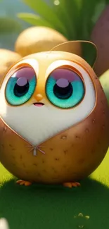 Adorable cartoon owl with big blue eyes on a green background.