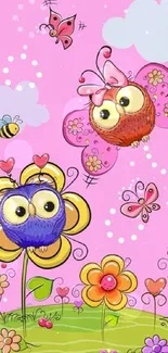 Cute cartoon owls and flowers on a pink background.