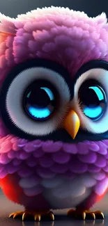 Adorable cartoon owl with pink and purple feathers and big eyes.