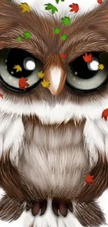 Adorable fluffy cartoon owl with large eyes on a brown and white background.