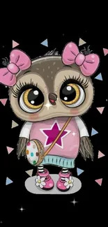 Cute cartoon owl with pink bows and geometric shapes on a black background.