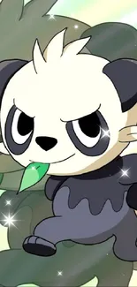 Adorable cartoon panda holding a leaf in a playful pose on a green background.