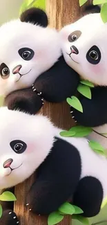 Two cute cartoon pandas climbing a tree.