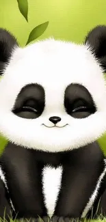 Cute cartoon panda smiling with green background.