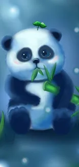 Cute cartoon panda with bamboo on a blue background.