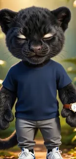 Charming cartoon panther in a jungle setting.