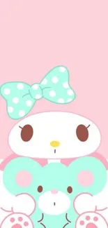 Cute pastel cartoon wallpaper with animals and bow.