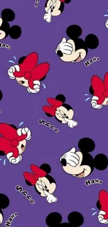 Cartoon characters on a purple background with playful expressions.