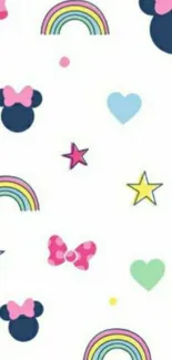 Colorful cartoon wallpaper with bows, rainbows, and stars on white background.