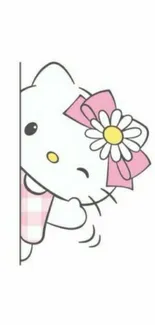 Cute cartoon character with a pink bow peeking from the side on a white background.