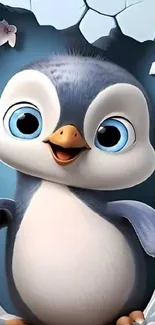 Adorable cartoon penguin with blue eyes on cracked background.