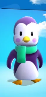 Cute cartoon penguin with blue background and green scarf.