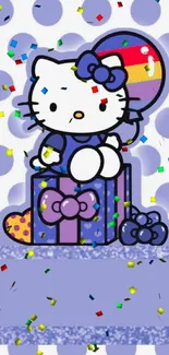 Cartoon character holding balloon with gift box in lavender blue theme.