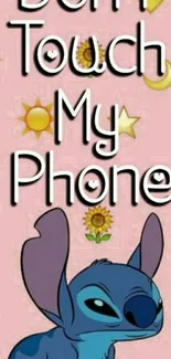 Cute cartoon alien wallpaper with 'Don't Touch My Phone' text on pink background.