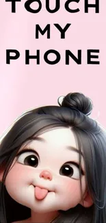 Cute cartoon character sticking tongue out on a pink background.