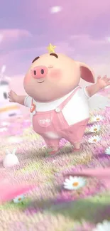 Adorable cartoon pig in pink meadow mobile wallpaper.