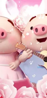 Cartoon pig couple with guitar and pink flowers in a lively setting.