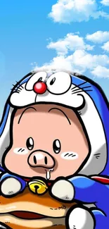 Adorable cartoon pig in blue costume with sunny cloud background.