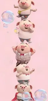 Adorable cartoon pigs stacked with bubbles on a light pink background.