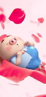 Cute cartoon pig sleeping on pink petals.