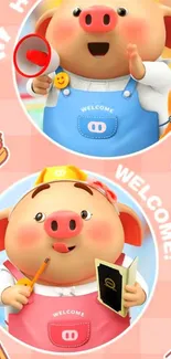 Cute cartoon pigs in colorful outfits.