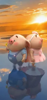 Cute cartoon pig couple reflecting in water at a serene sunset.