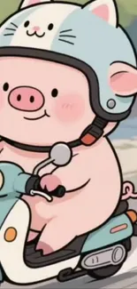 Cartoon pigs riding scooters with helmets on.