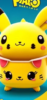 Cheerful Pikachu cartoon design on yellow background wallpaper.