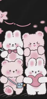 Cute pink cartoon animals on a dark background, perfect for mobile wallpaper.