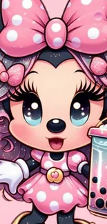 Cartoon character in a pink theme with bubbly elements and big eyes.