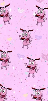 Cute pink cartoon dog on pink background wallpaper.